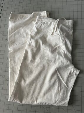 White Wide Leg Drawstring Linen Blend Pants in Tall